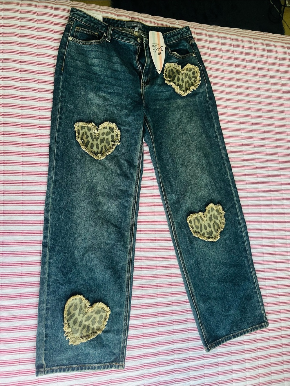 NWT Cali 1850 Animal Print Heart Patch Straight Leg Jeans, ❤️🐯